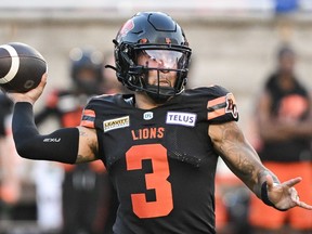 B.C. Lions quarterback Vernon Adams Jr. throws a pass during first half CFL football action against the Montreal Alouettes in Montreal, Saturday, September 2, 2023. A victory over his former team helped Adams Jr. earn the top quarterback grade in the CFL's weekly honour roll Wednesday.