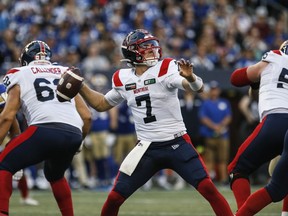 Montreal Alouettes quarterback Cody Fajardo (7) throws against the Winnipeg Blue Bombers during first half CFL action in Winnipeg Thursday, August 24, 2023. Fajardo is eager to get back on track Saturday after last week didn't go to plan.