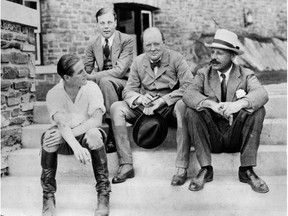 Winston Churchill, photographed with some family members, during his 1929 North American tour. Winston is at centre, his brother Jack is at right, his son Randolph at left and the young man at rear is Jack's son, Johnnie.