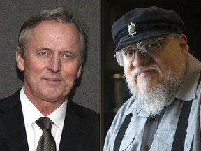 Author John Grisham appears at the opening night of "A Time To Kill" on Broadway in New York on Oct. 20, 2013, left, and author R.R. Martin appears in Toronto on March 12, 2012.
