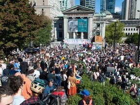 Several thousand people supporting trans rights and SOGI overwhelmed a maybe 100 people protesting SOGI and trans rights, at the Vancouver Art gallery and surrounding streets in Vancouver, BC Wednesday, September 20, 2023.