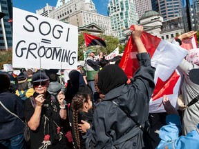 People protesting SOGI and trans rights at the Vancouver Art gallery on Wednesday.