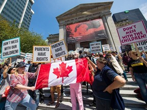 An anti-SOGI rally held at Vancouver art gallery in 2019 drew large crowds. Hands Off Our Kids is helping organize rallies on Wednesday in dozens of cities — including those at Coquitlam City Hall and the Victoria Legislature  — to oppose "sexually explicit content and gender ideology" in classrooms that they say amounts to "indoctrination."