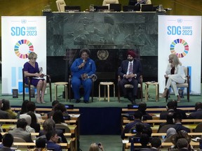 Gillian Tett, left, of the Financial Times, moderator, Prime Minister of Barbados Mia Amor Mottley, second left, Wold Bank Group President Ajay Banga, third left, and Carolina Cosse, Mayor of Montevideo, Uruguay, participate in the United Nations Sustainable Development Forum, Monday, Sept. 18, 2023.