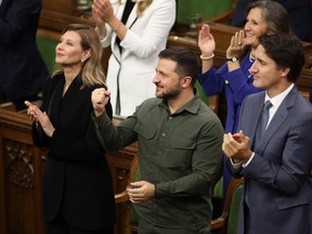 Ukrainian President Volodymyr Zelenskyy and Prime Minister Justin Trudeau recognize Yaroslav Hunka in the House of Commons on Sept. 22, 2023. (THE CANADIAN PRESS/Patrick Doyle)