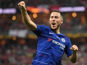 A picture taken on May 29, 2019 shows Chelsea's Eden Hazard celebrating after scoring a goal.