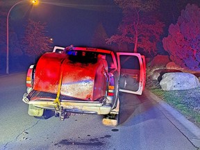 Abbotsford police tried to pull over this stolen pickup truck on Oct. 2, 2023. A prolific offender was taken into custody after ramming a police vehicle during the pursuit.