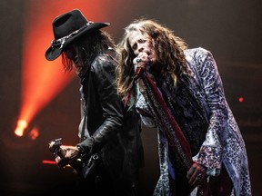 Joe Perry and Steven Tyler of Aerosmith perform live on stage at the Wells Fargo Center on September 2, 2023 in Philadelphia.