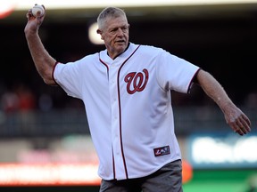 Former Washington Senator player Frank Howard throws the cermonial first pitch prior to the Washington Nationals hosting the St. Louis Cardinals in Game Four of the National League Division Series at Nationals Park on October 11, 2012 in Washington, DC.