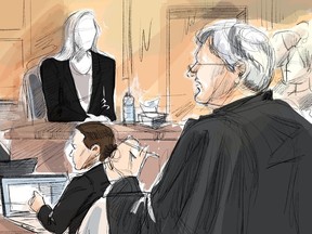 An unidentified complainant is questioned on the stand by Brian Greenspan, the defence lawyer for Peter Nygard, in a courtroom sketch from the Nygard trial in Toronto on Oct. 11, 2023.