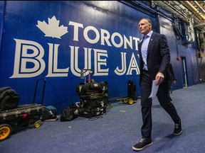 Toronto Blue Jays President and CEO, Mark Shapiro, arrives for an end-of-season media availability at the Rogers Centre in Toronto, Ont. on Thursday October 12, 2023.