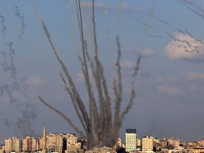 A salvo of rockets is fired by Palestinian militants from Gaza toward Israel earlier this week.