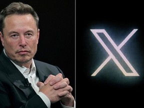 This file combination image of two pictures created on October 10, 2023, shows (L) SpaceX, Twitter and electric car maker Tesla CEO Elon Musk during his visit at the Vivatech technology startups and innovation fair in Paris on June 16, 2023, and (R) the new Twitter logo rebranded as X, pictured on a screen in Paris on July 24, 2023. The social media site X, formerly known as Twitter, announced October 17, 2023 that it has begun charging new users in New Zealand and the Philippines to use basic features like posting messages.