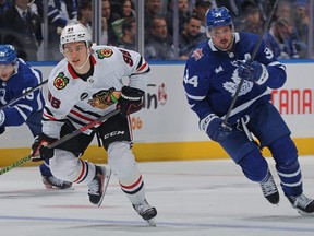 Connor Bedard of the Chicago Blackhawks looks for a breaking pass against the Toronto Maple Leafs during at Scotiabank Arena on Monday.