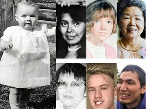 Clockwise from left: Bette-Jean Masters, 21 months, vanished in Kamloops in 1960; Carol Davis, 29, murdered in Burnaby in 1987; Helen Frost, 17, missing from Prince George in 1970; Willene Chong, 76, murdered in Vancouver in 2008; Travis Thomas, 40, missing from Ahousaht in 2018; Tanner Krupa, 19, murdered in Surrey in 2017; and Janet Henry, 36, missing from Vancouver in 1997. Submitted photos.