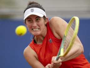 Team Canada's Rebecca Marino hits a return during her loss to Marie Lourdes Carle in semifinal tennis singles action at the Pan Am Games in Santiago, Chile on Saturday, Oct. 28, 2023.