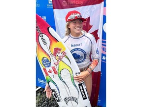 Teenage surfing prodigy Erin Brooks, has had her bid for Canadian citizenship turned down by the federal government. Brooks is shown June 7, 2023, at the ISA World Surfing Games in Surf City, El Salvador, where she won silver in the women's shortboard event.