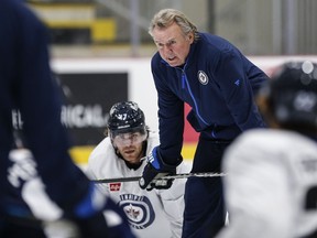 Winnipeg Jets head coach Rick Bowness talks to his team during day two of their NHL training camp in Winnipeg, Friday, September 22, 2023.