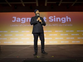 NDP Leader Jagmeet Singh during his Leadership Showcase at the NDP Convention in Hamilton, Ont. Saturday, October 14, 2023.