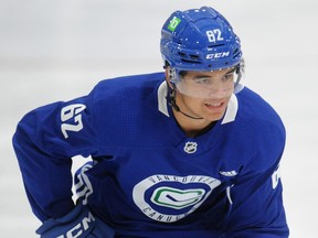 Jackson Dorrington in action during the 2022 Vancouver Canucks development camp at UBC.