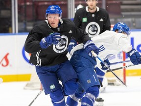 Sam Lafferty during Canucks practice at Rogers Arena on October 26, 2023.