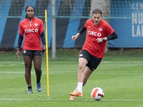 Canada's national women's soccer team captain Christine Sinclair, right, does a drill during the team's practice Thursday, October 26, 2023 in Montreal.THE CANADIAN PRESS/Ryan Remiorz