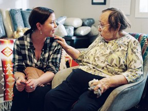 Cowichan knitter Sarah Modeste, right, talks knitting and the history of the famed Cowichan sweater with filmmaker Mary Galloway. Galloway's new documentary, The Cowichan Sweater: Our Knitted Legacy, is streaming now on CBC Gem.