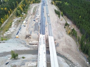 Aerial view of construction of two climate-resilient spans at Bottletop Bridge on the Coquihalla Highway (Highway 5) 50 kilometres south of Merritt.