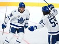 Maple Leafs' Tyler Bertuzzi (right) celebrates with teammate William Nylander after scoring a goal against the Detroit Red Wings during the NHL Global Series in Stockholm, Sweden.