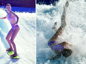 Ivanka Trump wiped out while surfing in a purple swimsuit.