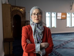 Amira Elghawaby, Canada's special representative on combating Islamophobia, visits a mosque in London, Ont., in March.