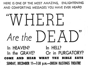 The top of a "Where Are The Dead" ad for evangelist G.D. O'Brien from the Dec. 10, 1949 Vancouver Sun.