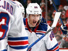 Patrick Kane of the New York Rangers celebrates his third period goal against the New Jersey Devils.