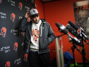 B.C. Lions quarterback Vernon Adams Jr. arrives to speak to reporters during the CFL football team's end of season media availability, at their practice facility in Surrey, B.C., on Monday, November 13, 2023.
