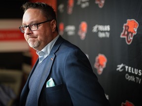 B.C. Lions co-general manager and director of football operations Neil McEvoy pauses while speaking to reporters during the CFL football team's end of season media availability, at their practice facility in Surrey, B.C., on Monday, November 13, 2023.
