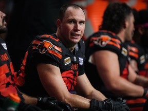 B.C. Lions defensive lineman Mathieu Betts sits on the bench during the second half of a CFL football game against the Calgary Stampeders, in Vancouver, B.C., Friday, Oct. 20, 2023.