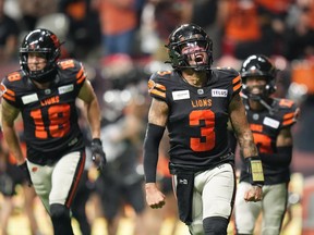 B.C. Lions quarterback Vernon Adams Jr. (3) celebrates a touchdown against the Calgary Stampeders, during the second half of the CFL western semi-final on Saturday