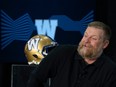 Winnipeg Blue Bombers head coach Mike O'Shea attends an availability with the two coaches for the 110th Grey Cup who shared the stage in Hamilton, Ont. on Tuesday, November 14, 2023. O'Shea and Maas will lead their teams in the championship game on Sunday.