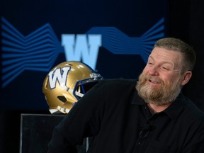 Winnipeg Blue Bombers head coach Mike O'Shea attends an availability with the two coaches for the 110th Grey Cup who shared the stage in Hamilton, Ont. on Tuesday, November 14, 2023. O'Shea and Maas will lead their teams in the championship game on Sunday.