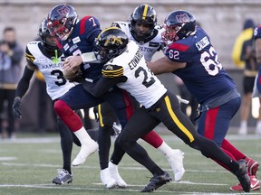 Montreal Alouettes quarterback Cody Fajardo runs for yardage against the Hamilton Tiger-Cats during second half Eastern semifinal action in Montreal, Saturday, Nov. 4, 2023. Fajardo and the Alouettes are on a nice roll and enjoying their best season since 2012, but they will be decided underdogs Saturday afternoon.