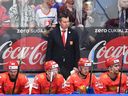 Russia's coach Ilya Vorobyov follows the action from the sidelines during the IIHF Men's Ice Hockey World Championships bronze medal match between Russia and Czech Republic on May 26, 2019 in Bratislava. (Photo by JOE KLAMAR / AFP via Getty Images)