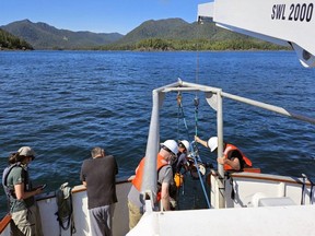 Core sampling from the seabed was done aboard the Gwaii Hanaas II research vessel off the South coast of Haida Gwaii, which the research team hopes to return to. Handout.