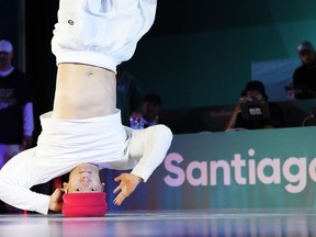 Canada's Philip Kim (B-Boy Phil Wizard) competes against Jeff Louis (B-Boy Jeffro) of the United States in the B-boys gold medal finals for breaking at the Pan Am Games in Santiago, Chile on Saturday, Nov. 4, 2023.