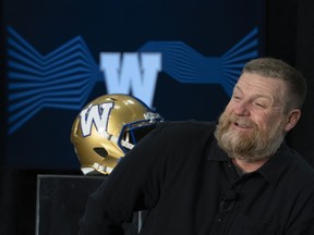 Winnipeg Blue Bombers head coach Mike O'Shea attends an availability with the two coaches for the 110th Grey Cup who shared the stage in Hamilton, Ont. on Tuesday, November 14, 2023. O'Shea and Maas will lead their teams in the championship game on Sunday.