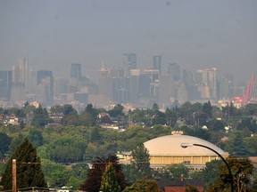 Downtown Vancouver seen through smoke as wildfires burn throughout the province in August 2023.