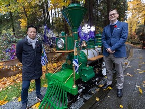Mayor Ken Sim and Steve Jackson, Vancouver Board of Parks and Recreation at Stanley Park Railway train in Vancouver, BC, November 6, 2023.