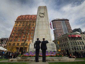 Salutes at the cenotaph in Vancouver during Remembrance Day ceremonies in 2019.
