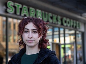 Frederique Martineau in front of Starbucks on Granville at West Broadway in Vancouver, BC, November 17, 2023. Martineau alleges she was fired for union organizing. (Arlen Redekop / Postmedia staff photo)