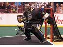 Warriors goalie Aaron Bold makes a save against the Calgary Roughnecks.