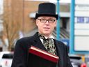 Wayne Kuyer dons the Jacob Marley outfit from the classic Dickens' Yuletide tale A Christmas Carol as he goes from business to business garnering donations for The Province's Empty Stocking Fund in Langley.